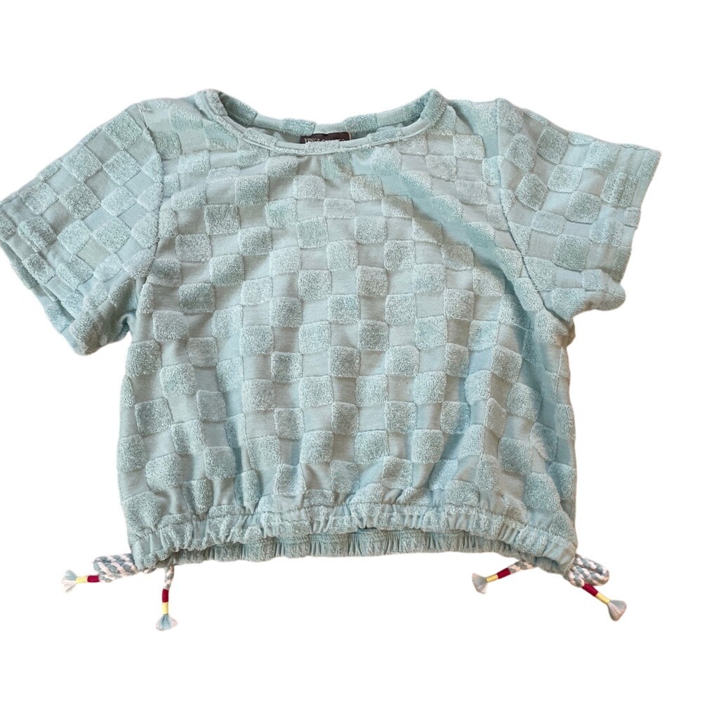 Vince Camuto Girls Aqua Blue Checkered Terry Cloth Cinched Hem Top Size 10